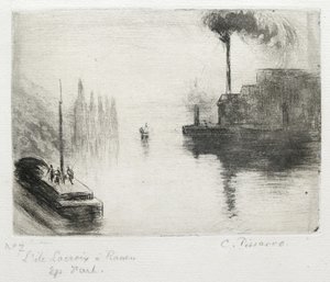 L&39;Ile Lacroix, à Rouen, 1883 (ड्राईपॉइंट, नक़्क़ाशी, धातु ब्रश और खुले काटने) द्वारा केमिली जैकब पिसारो